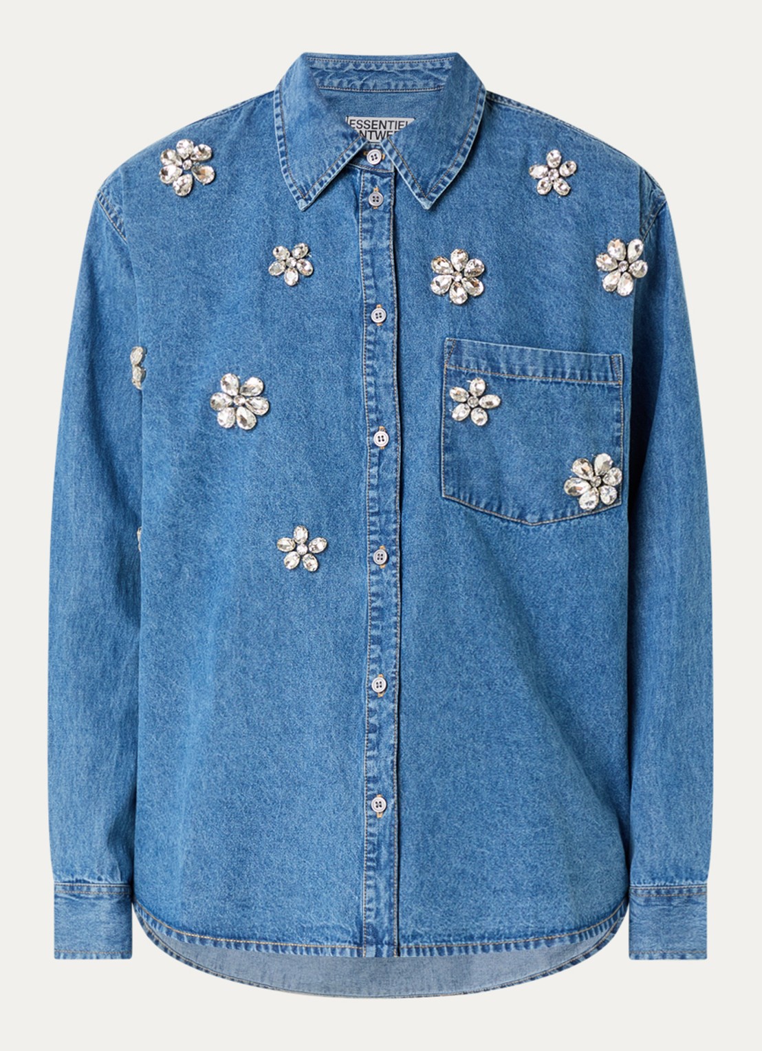 Essentiel Antwerp Konnection Rhinestone blouse van denim met kralendecoratie - voorkant 3 indigo