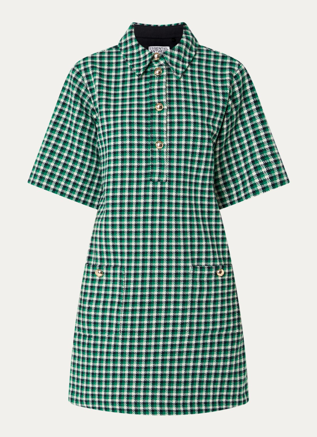 Essentiel Antwerp Kooky midi tuniekjurk in wolblend met ruitdessin - voorkant groen