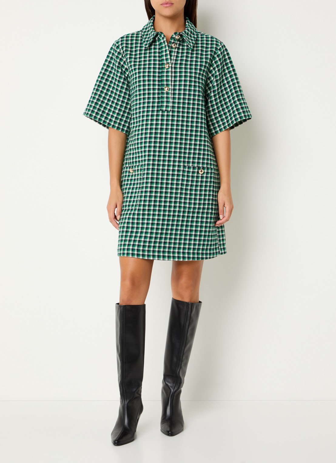 Essentiel Antwerp Kooky midi tuniekjurk in wolblend met ruitdessin - voorkant 2 groen