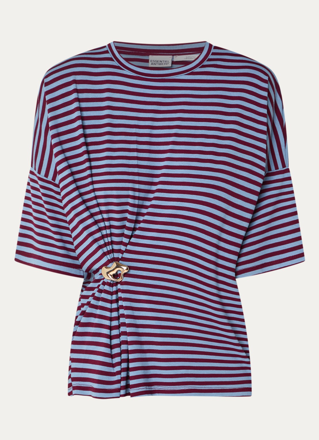Essentiel Antwerp Kriss top met knoopdetail en streepprint - voorkant 2 bordeauxrood
