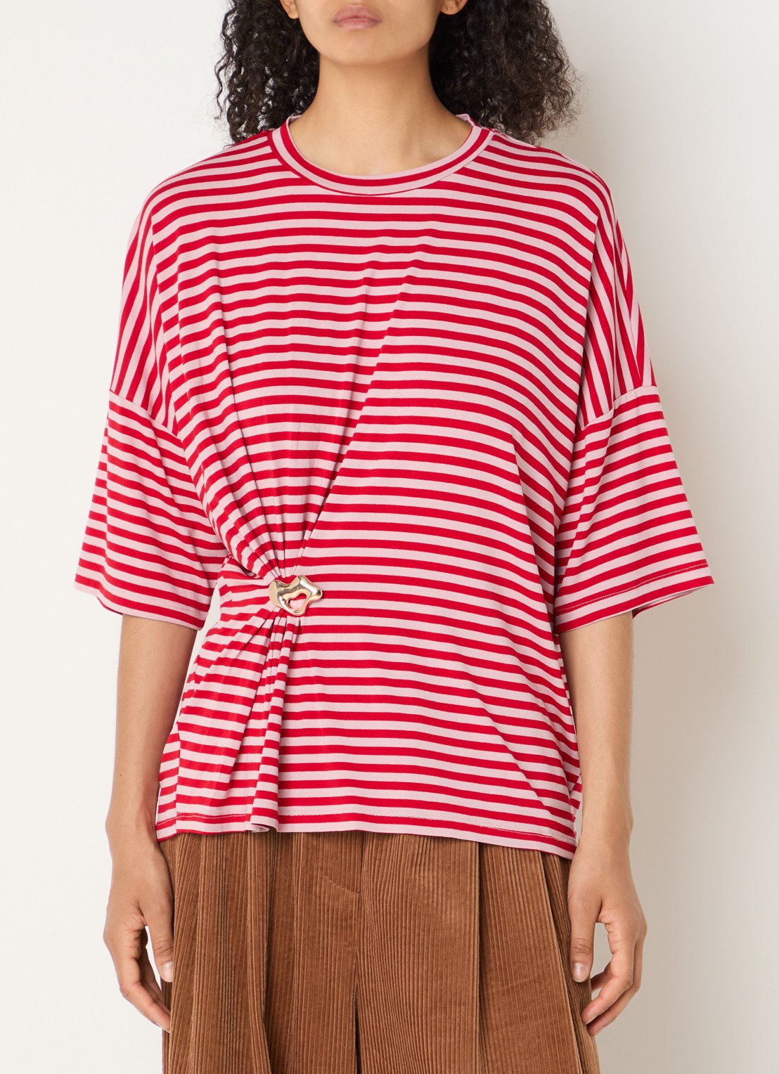 Essentiel Antwerp Kriss top met knoopdetail en streepprint - detail oudroze