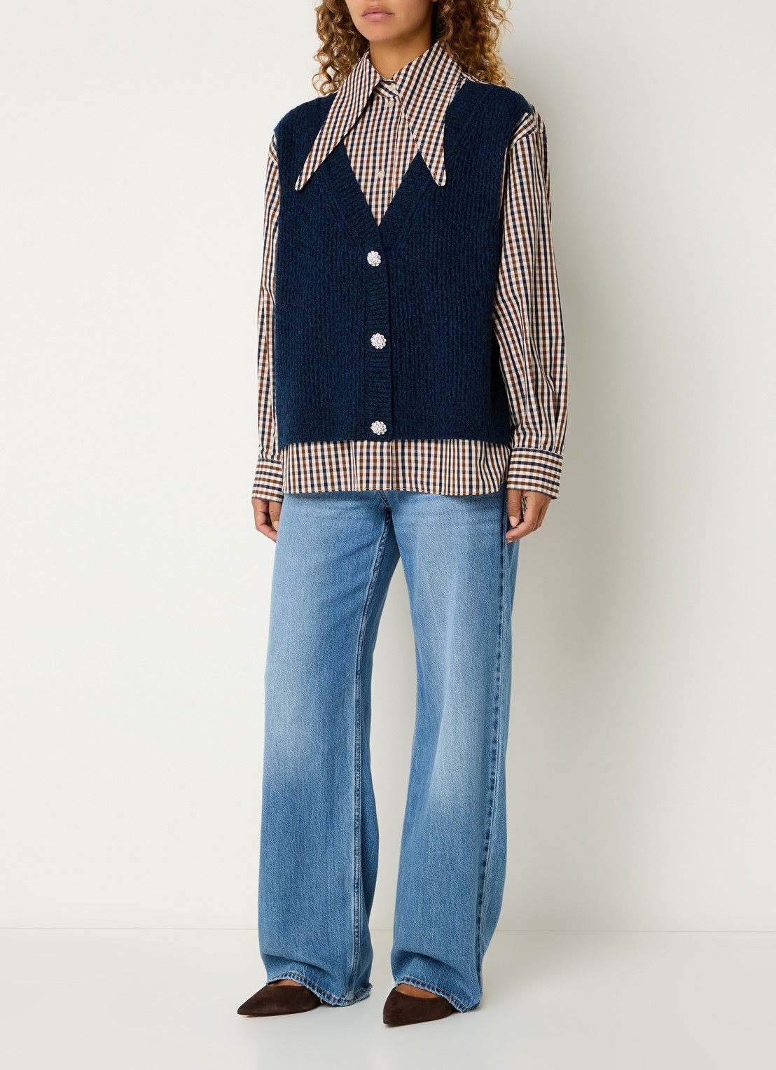 Essentiel Antwerp Kute blouse met ruitdessin - voorkant 4 donkerblauw