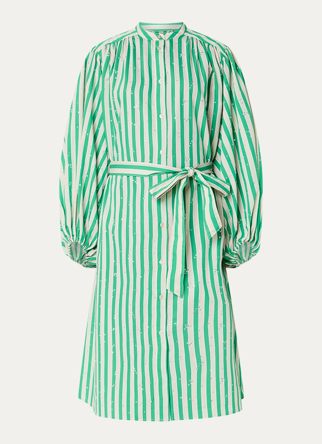 Essentiel Antwerp Midi blousejurk met strass en strikceintuur - voorkant 3 groen