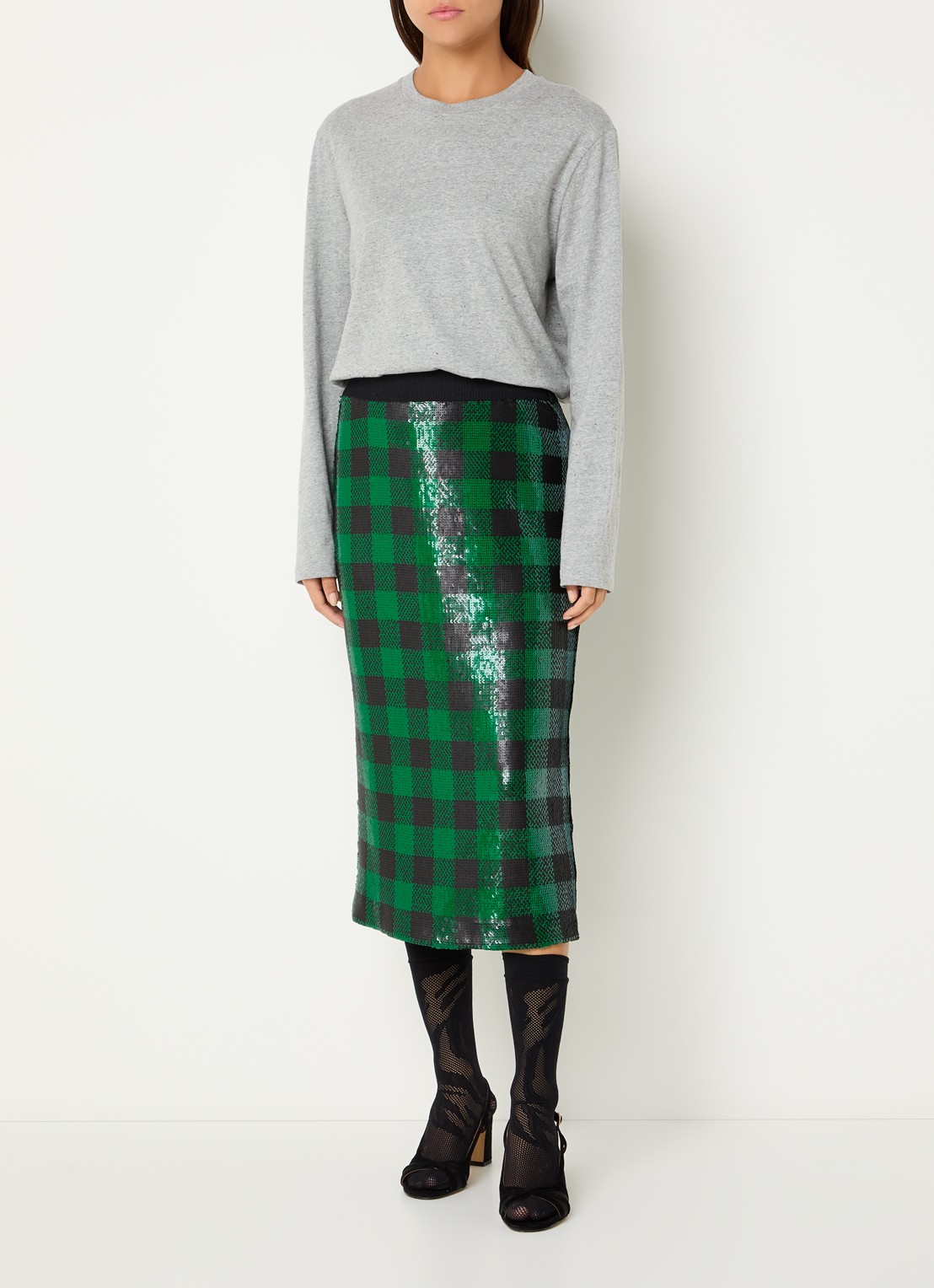 Essentiel Antwerp Midi kokerrok met pailletten en ruitdessin - voorkant 2 groen