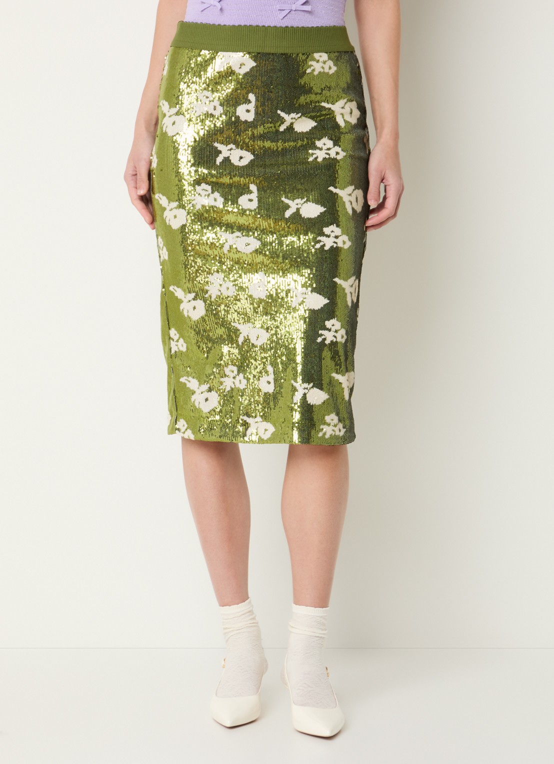 Essentiel Antwerp Midi rok met pailletten - detail 4 groen