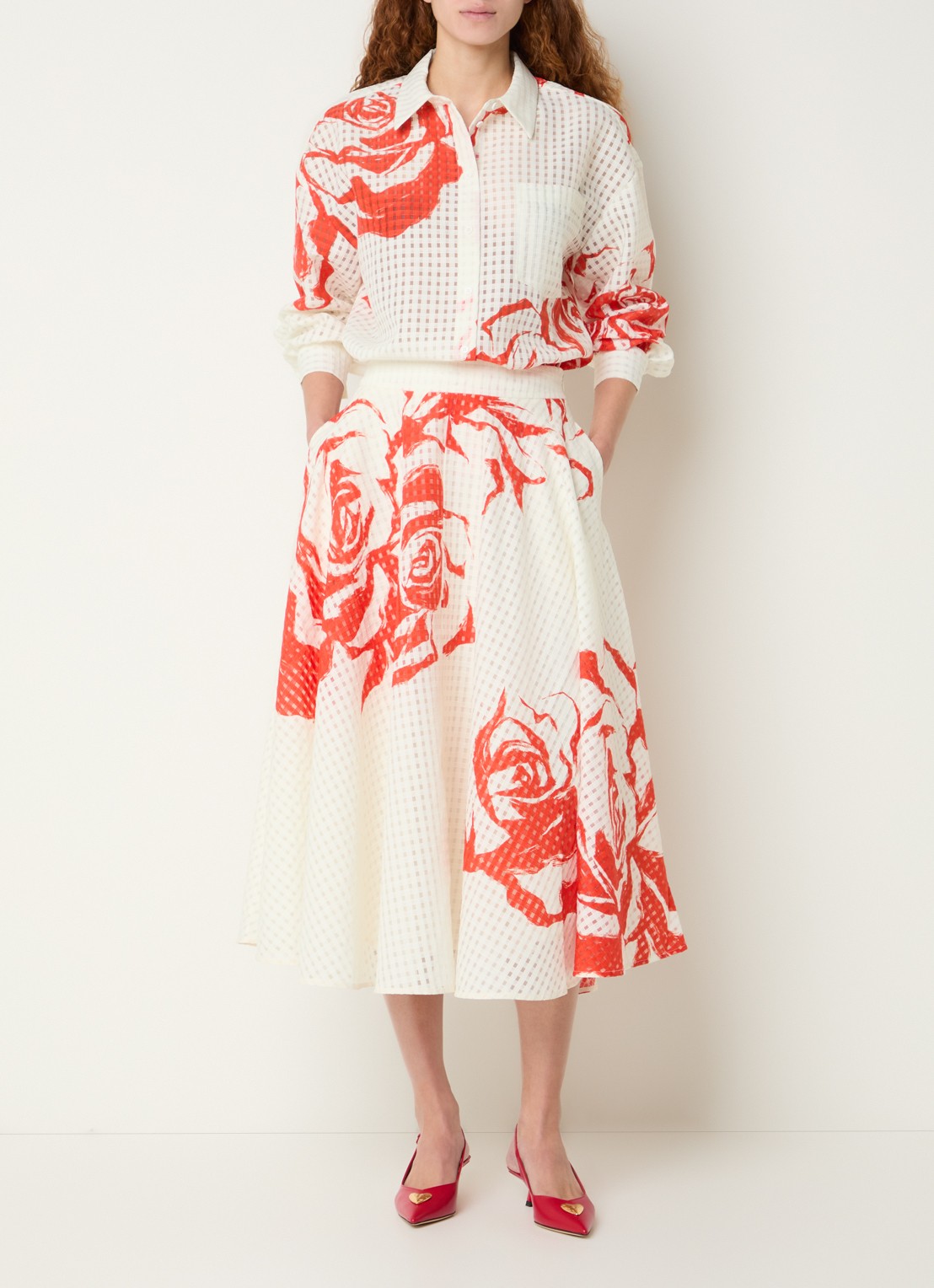 Essentiel Antwerp Midi rok met print - voorkant 3 rood