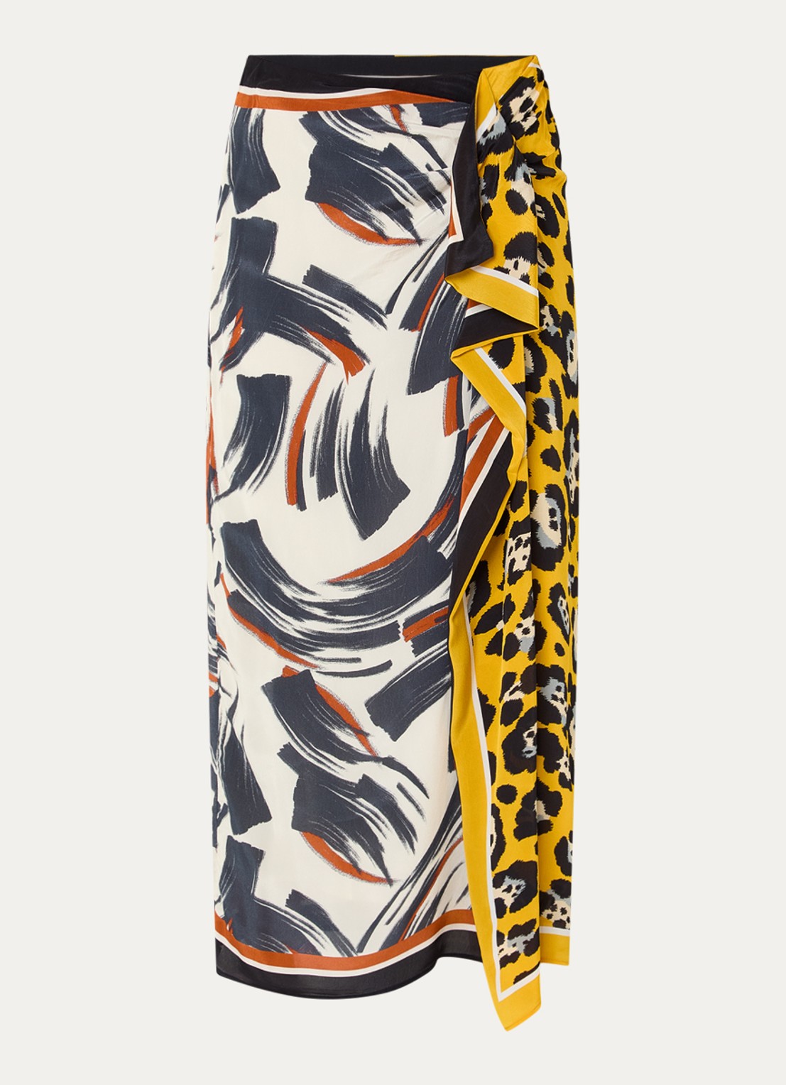 Essentiel Antwerp Midi wikkelrok met print - voorkant geel