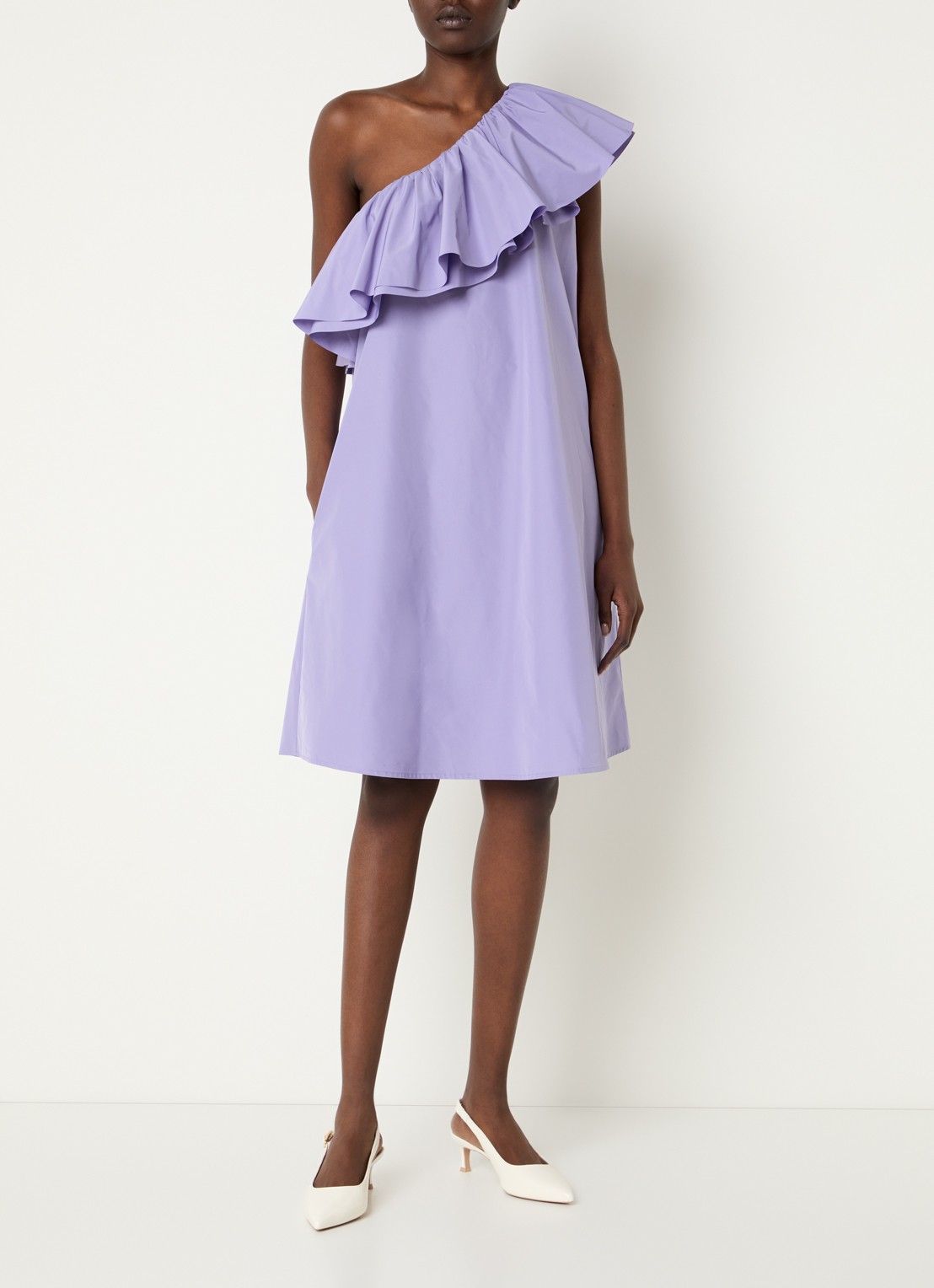 Essentiel Antwerp Mini jurk met asymmetrische hals en volant - voorkant 4 paars