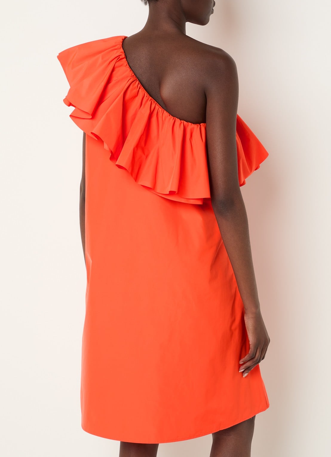 Essentiel Antwerp Mini jurk met asymmetrische hals en volant - achterkant 4 oranjerood