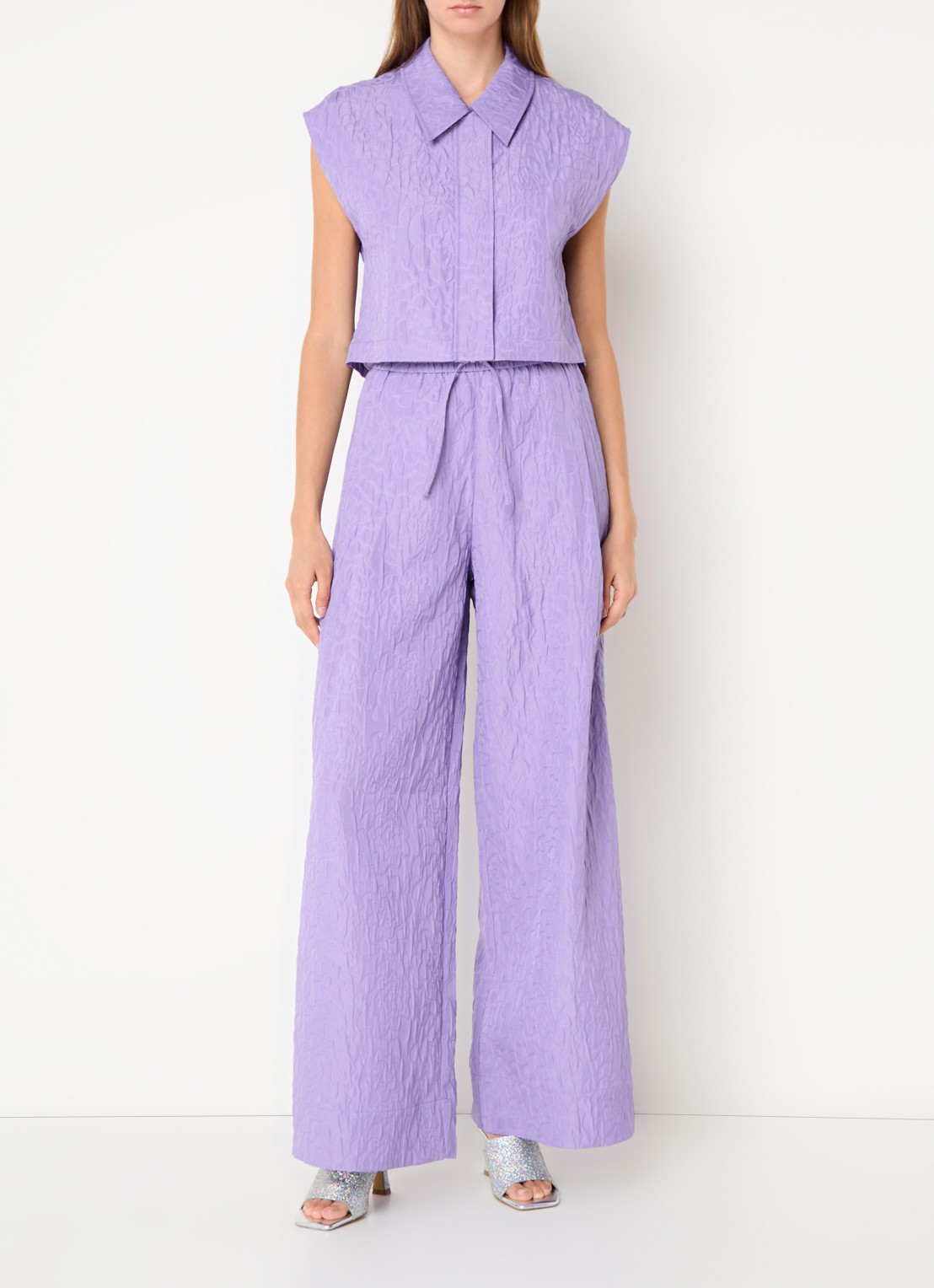 Essentiel Antwerp Mouwloze cropped blouse met jacquard dessin - voorkant 3 paars