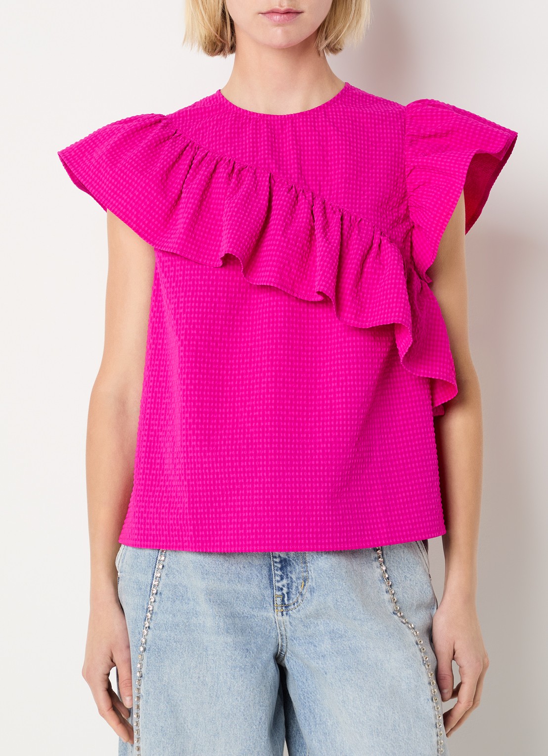 Essentiel Antwerp Mouwloze top met volant - detail donkerroze