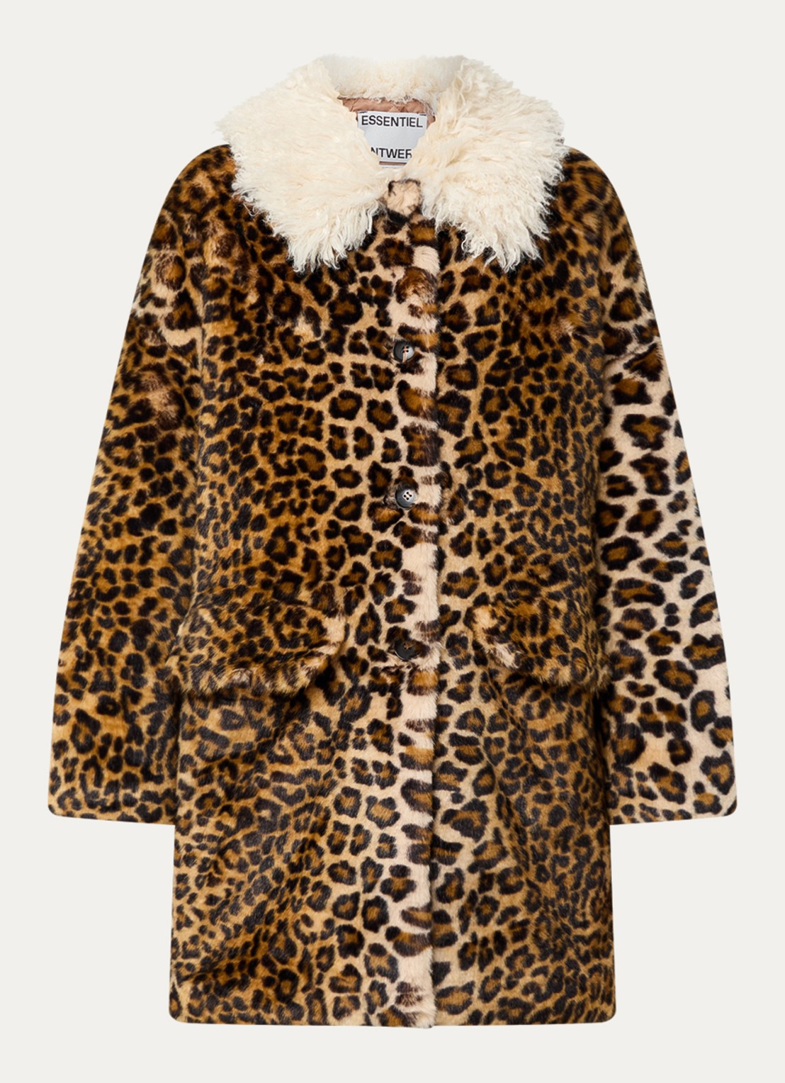 Essentiel Antwerp Oversized mantel van imitatiebont met panterprint - voorkant 2 bruin