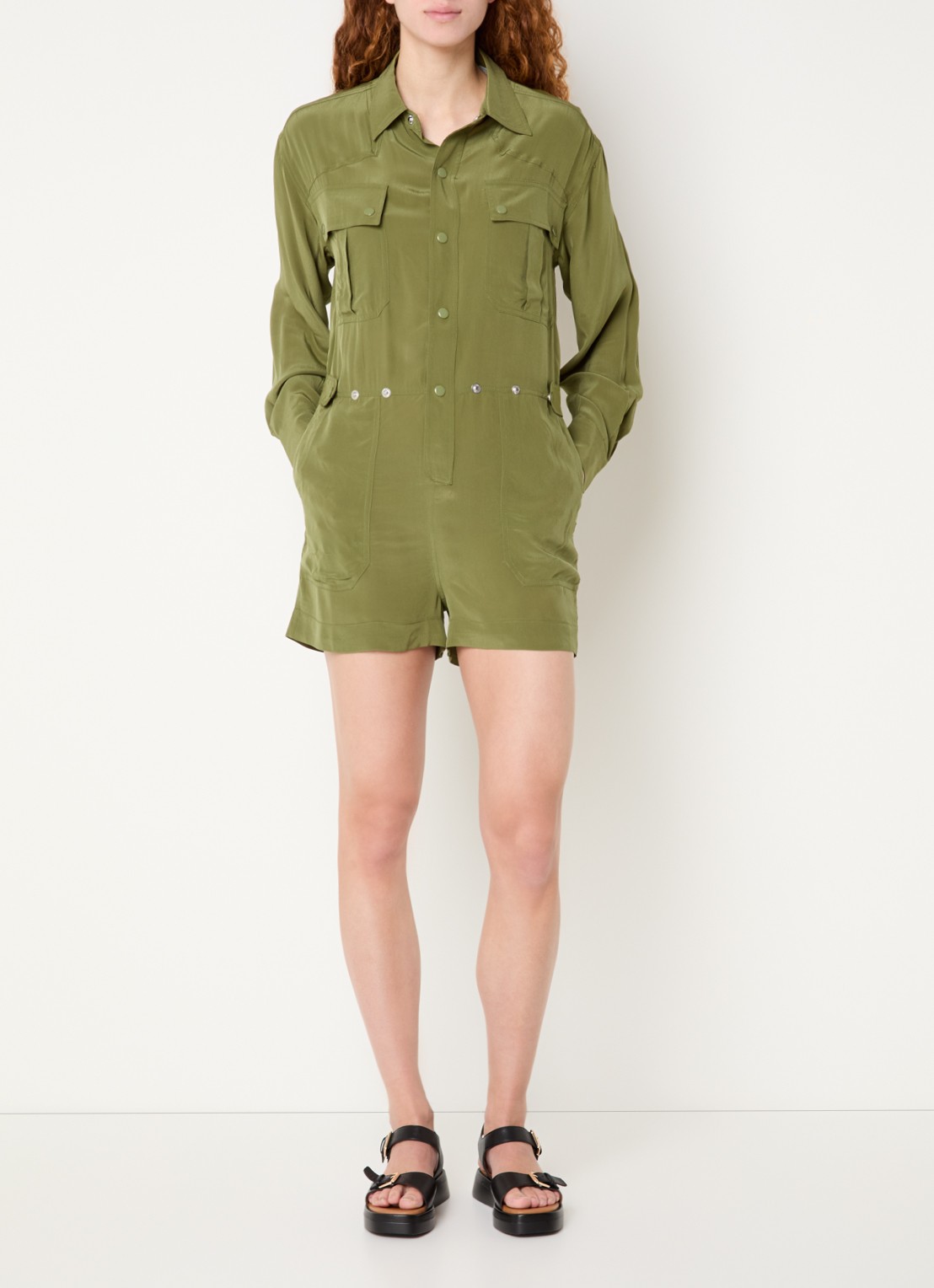 Essentiel Antwerp Playsuit met afneembare maxi plooirok - voorkant 5 mosgroen