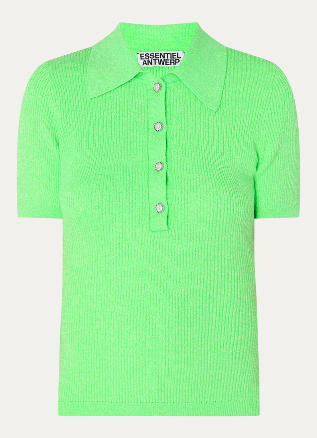 Essentiel Antwerp Ribgebreide polo met gemêleerd dessin - voorkant 2 neongroen