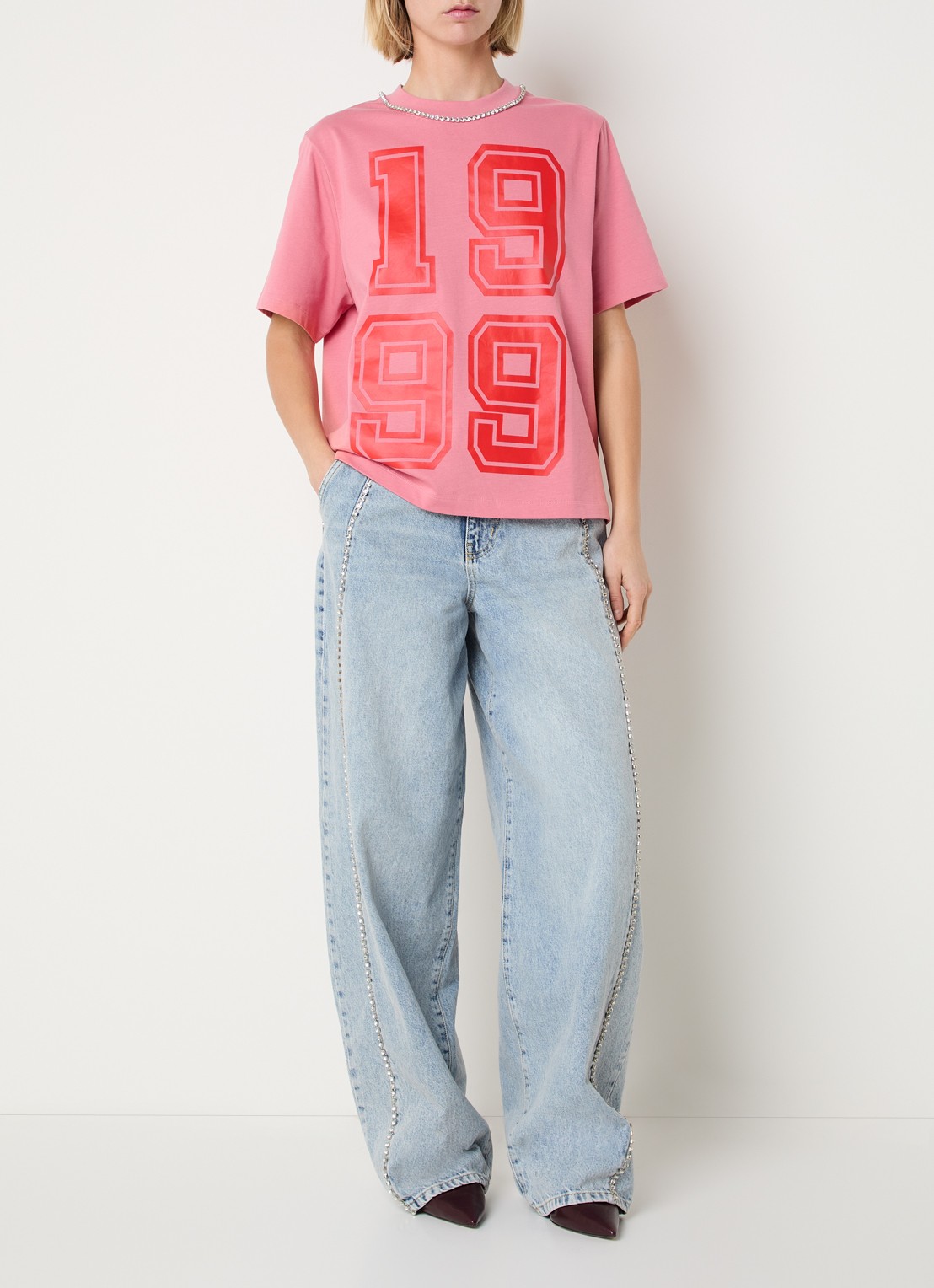 Essentiel Antwerp T-shirt met print en strass - voorkant 3 koraalroze