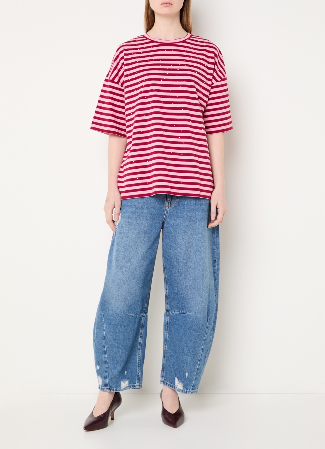 Essentiel Antwerp T-shirt met streepprint en strass  - voorkant 2 rood