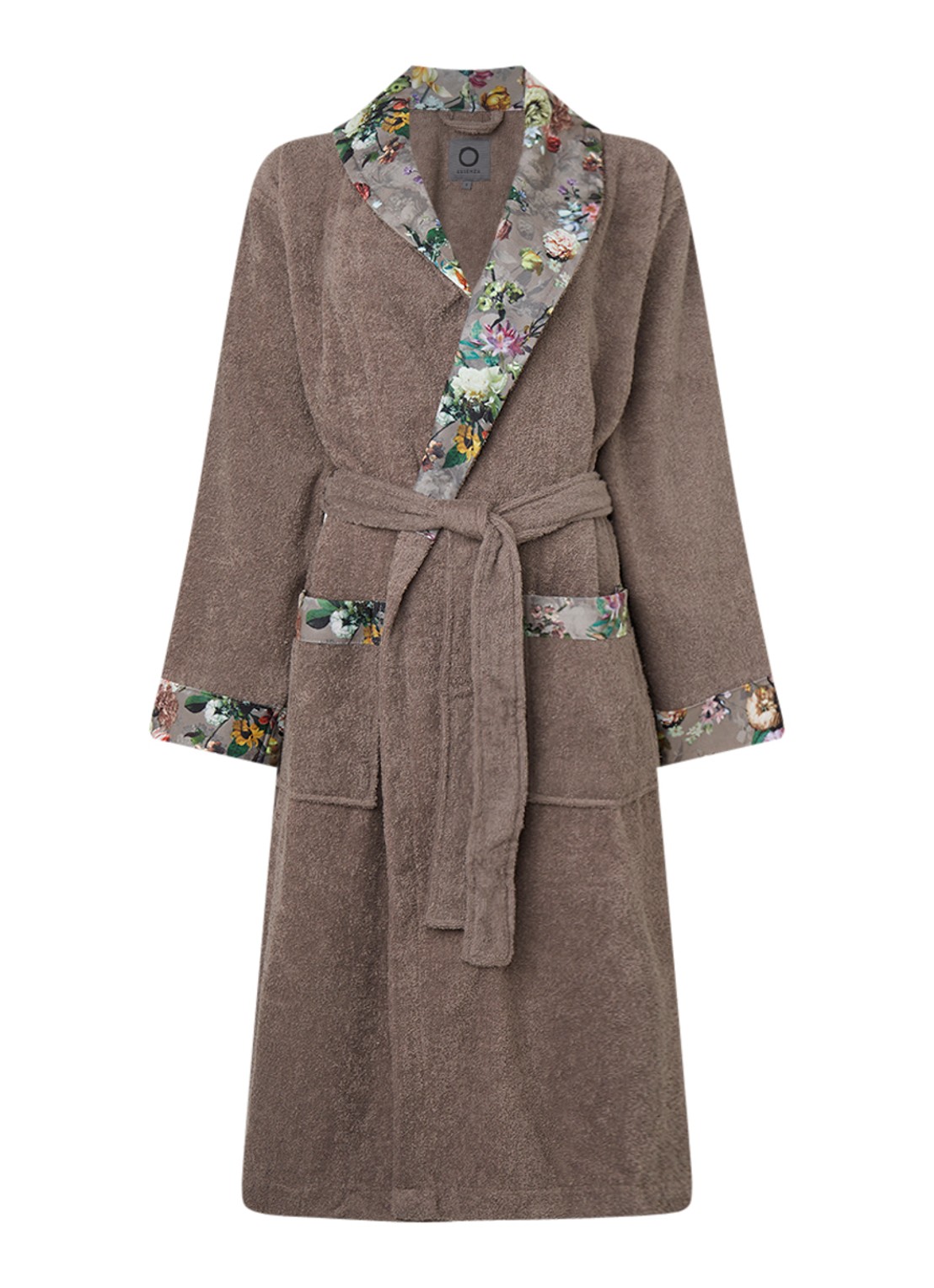 Essenza Fleur badjas met contrastvoering en bloemenprint - voorkant 2 taupe