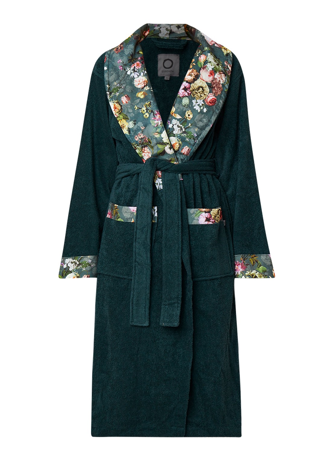 Essenza Fleur badjas met contrastvoering en bloemenprint - voorkant 2 flessengroen