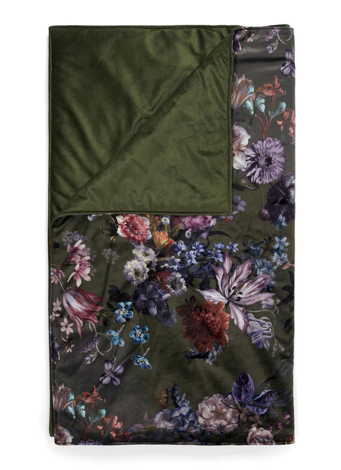 Essenza Isabelle plaid met bloemenprint 170 x 135 cm - voorkant 2 mosgroen