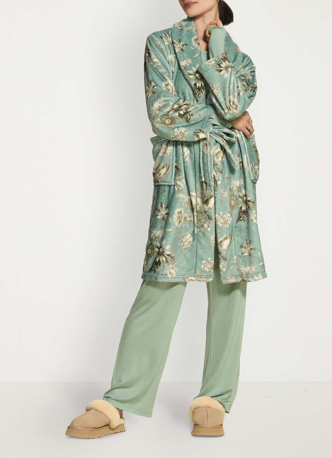 Essenza Steff Florean badjas met bloemenprint - achterkant groen