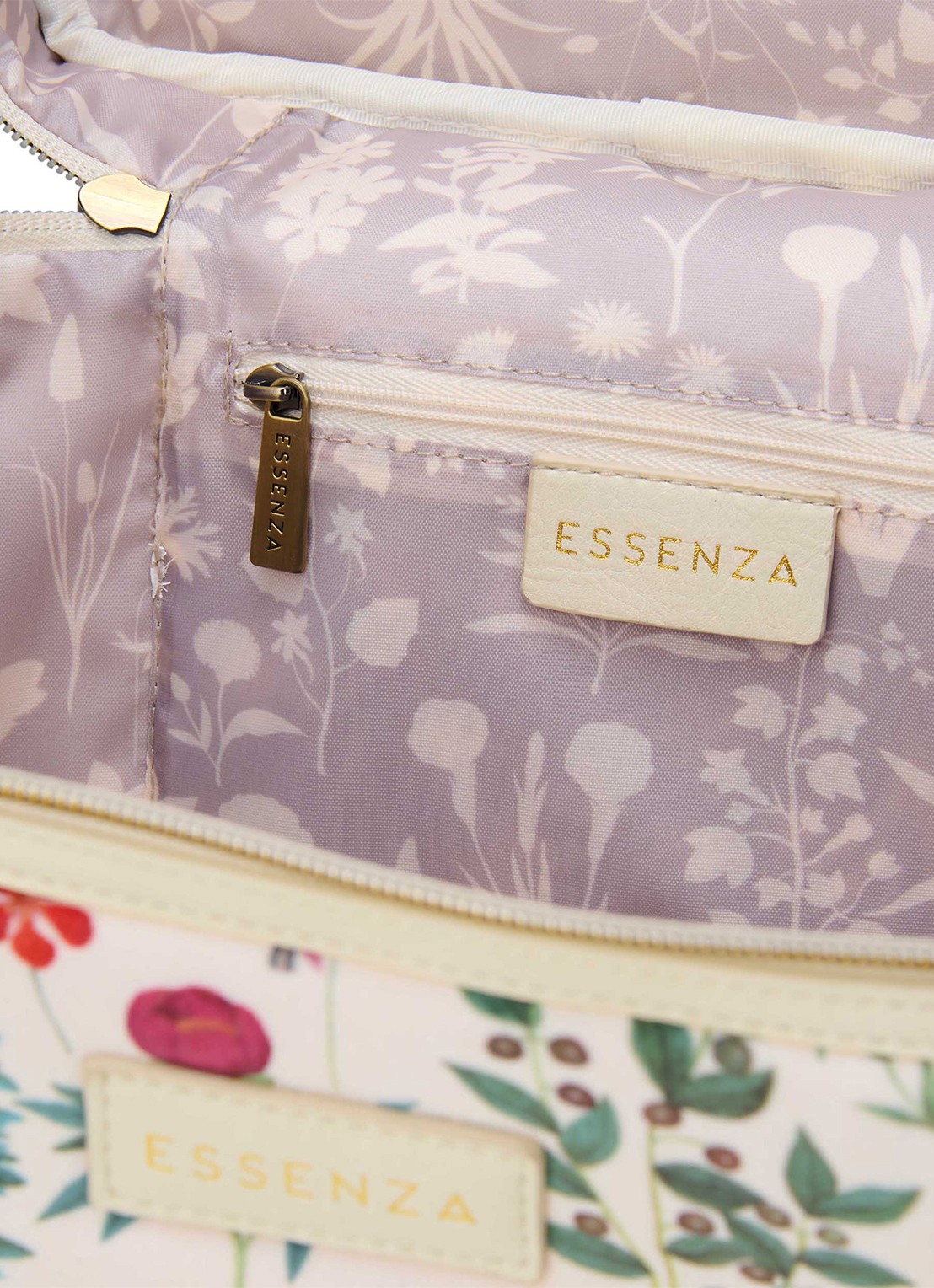 Essenza Tracy Marigold beautycase met bloemenprint - detail vanillegeel