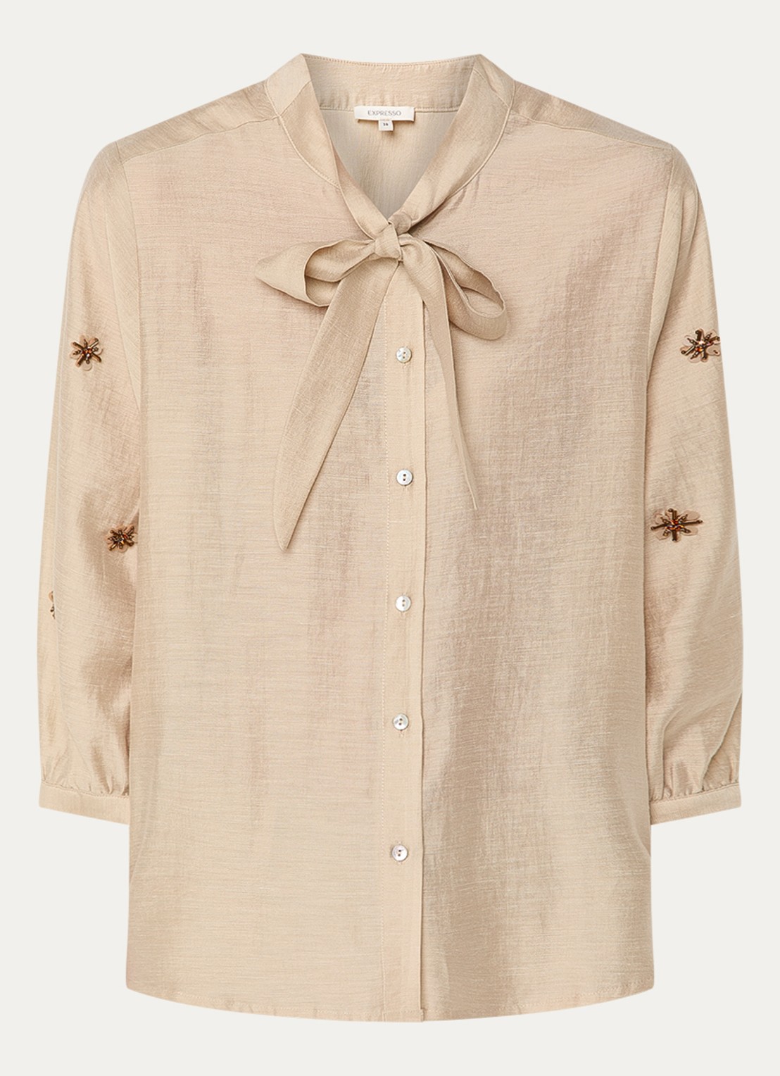 Expresso Blouse in linnenblend met sjaalkraag met applicatie - voorkant beige