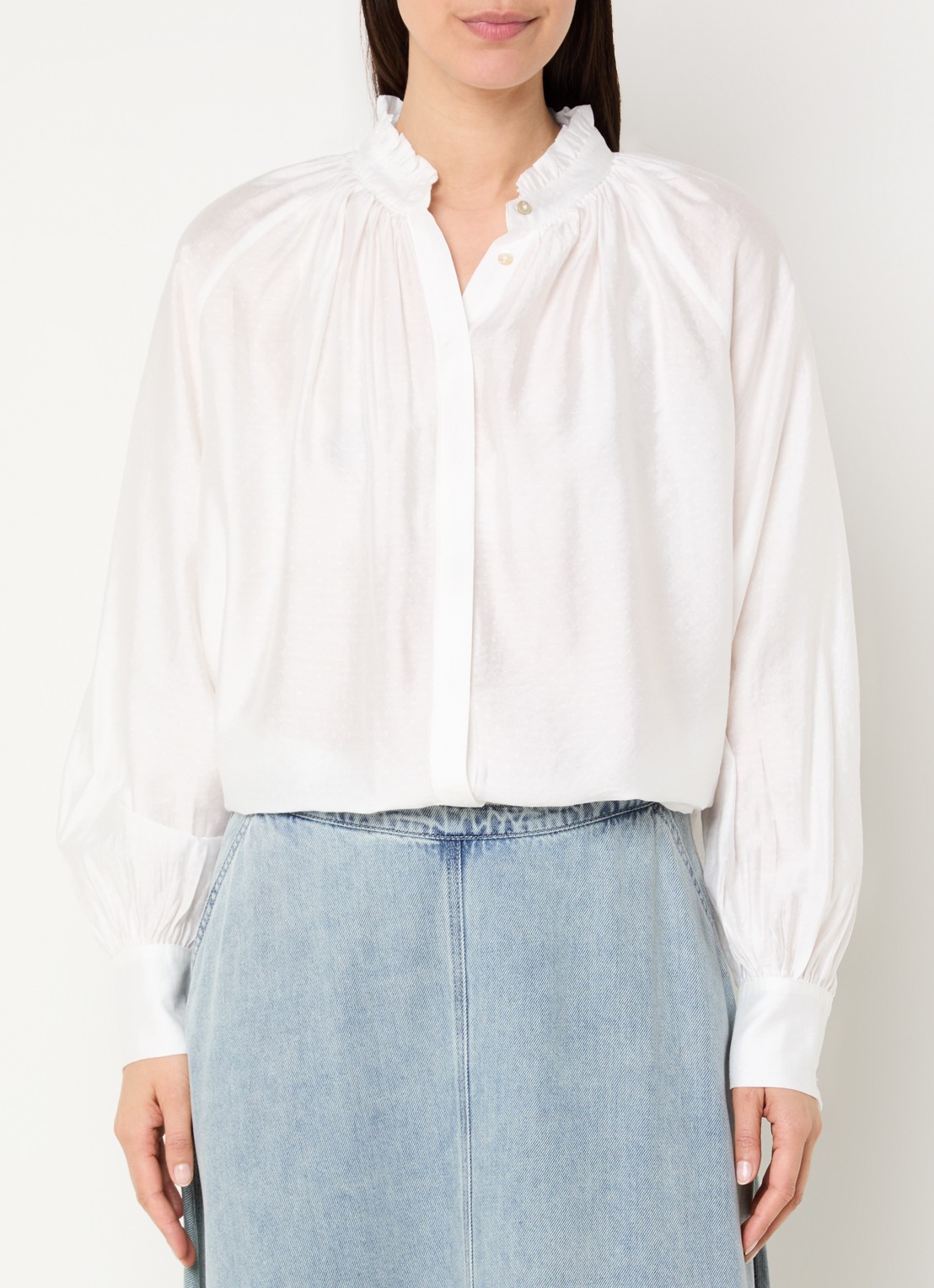 Expresso Blouse met ballonmouw en opstaande kraag - detail wit