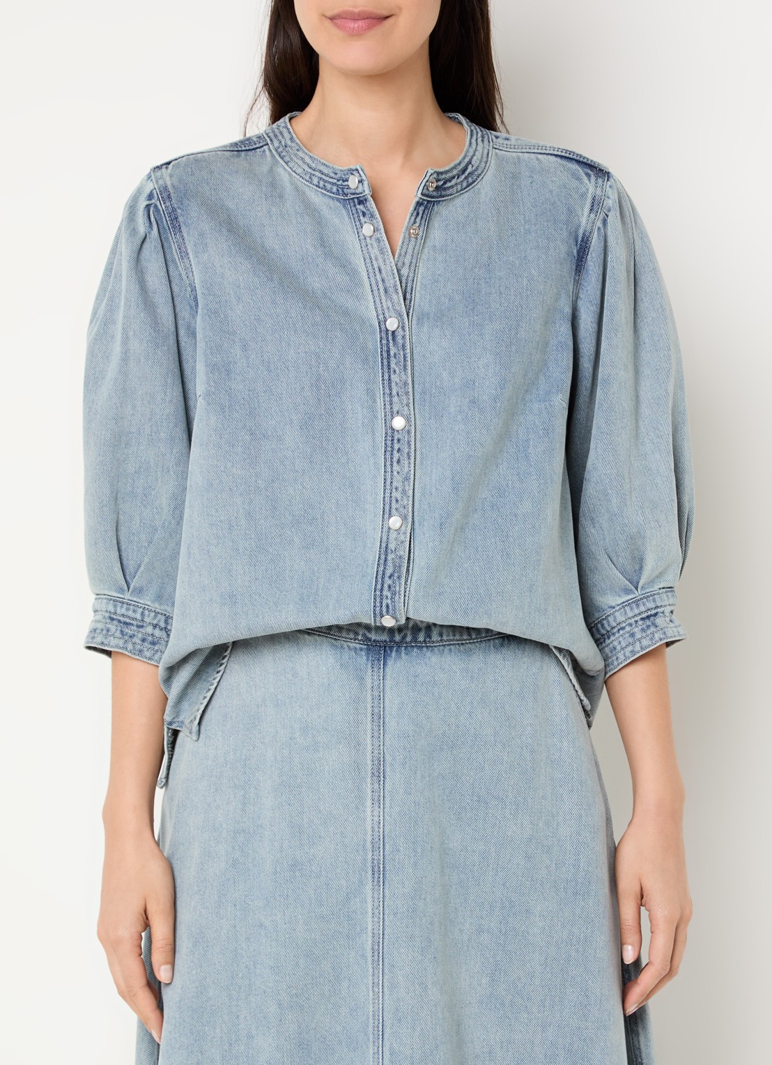 Expresso Blouse van denim met pofmouw - detail 4 indigo