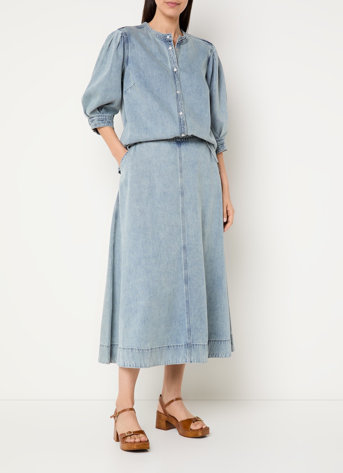 Expresso Blouse van denim met pofmouw - voorkant 2 indigo