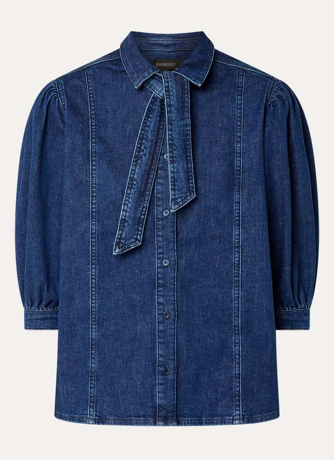 Expresso Blouse van denim met sjaalkraag - voorkant 2 indigo