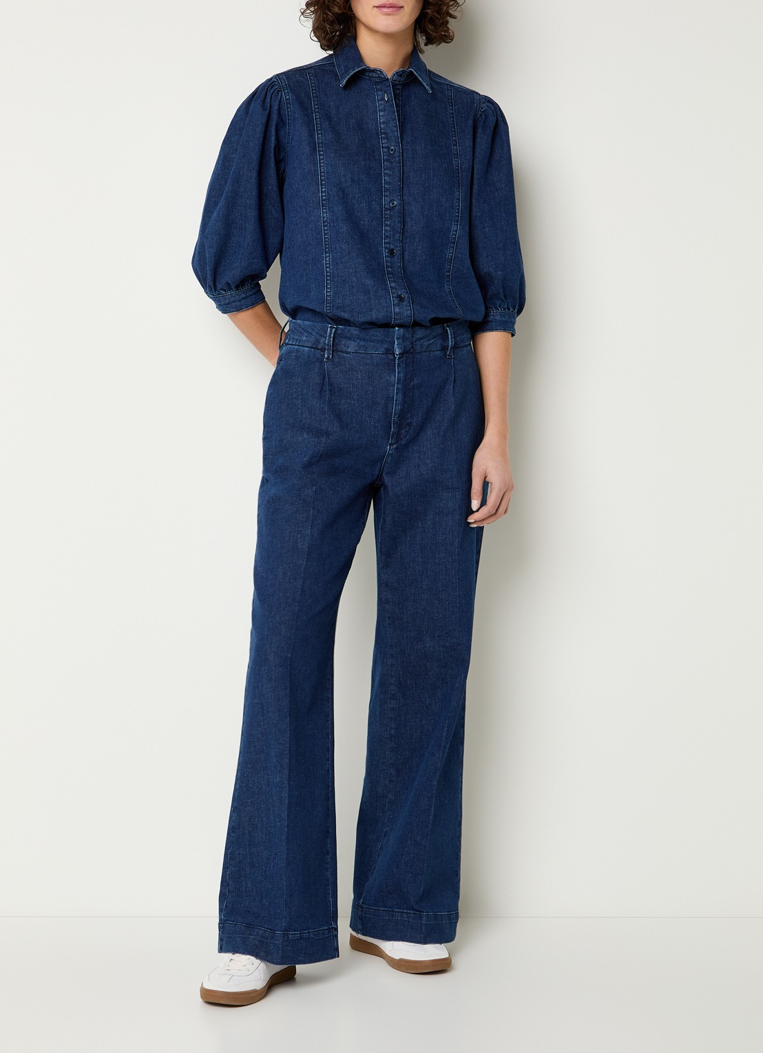 Expresso Blouse van denim met sjaalkraag - voorkant 3 indigo
