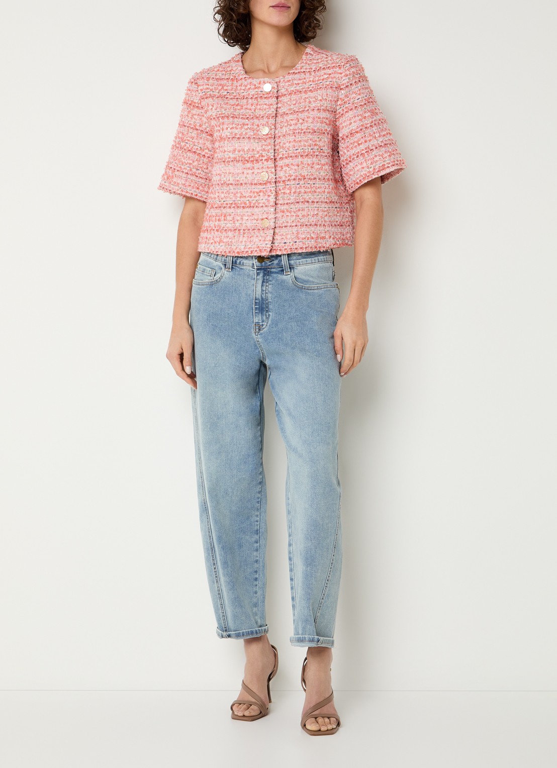 Expresso Cropped blazer met lurex - voorkant 2 zalmroze