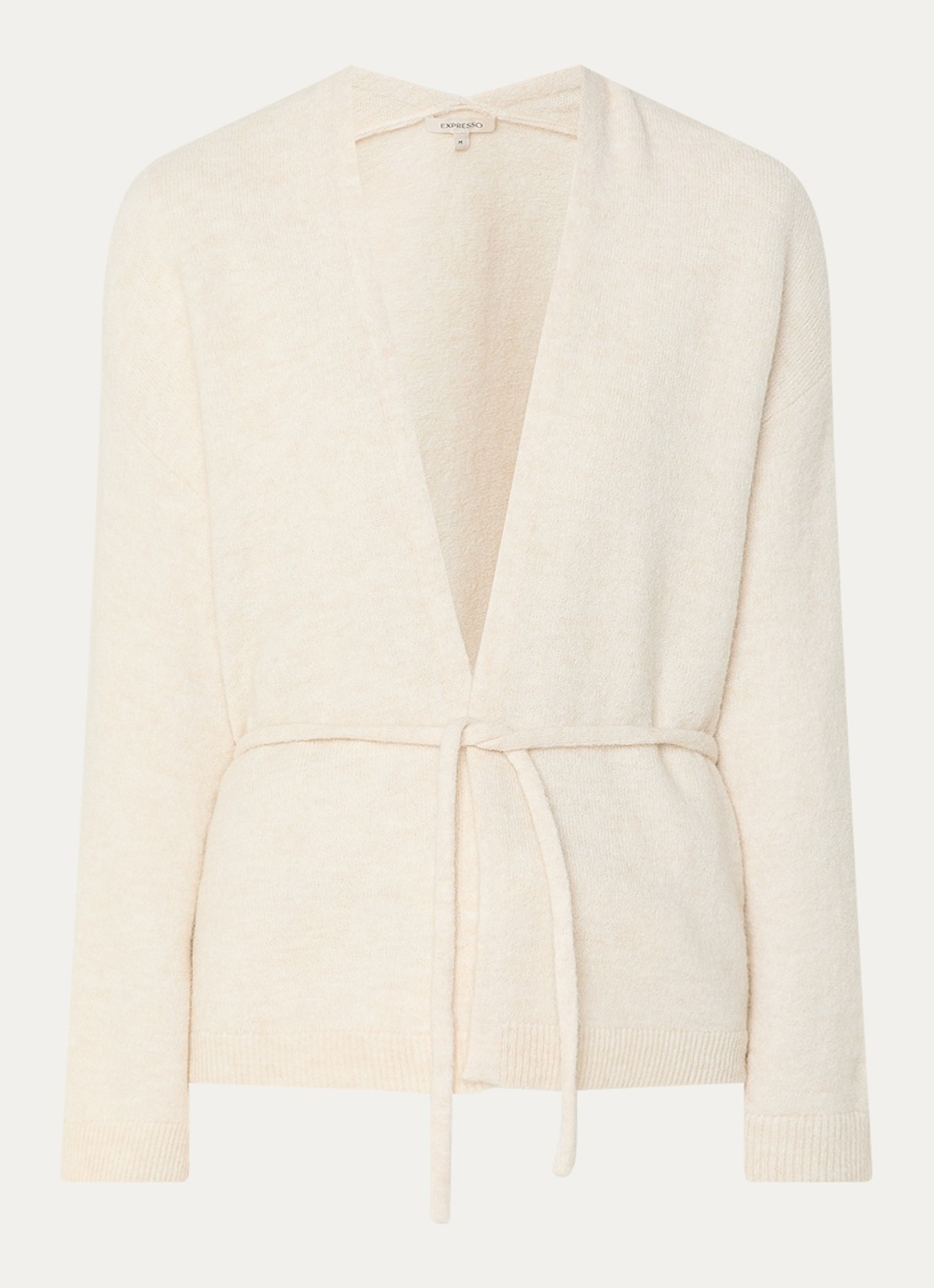 Expresso Fijngebreid vest in alpaca wolblend met strikceintuur - voorkant beige
