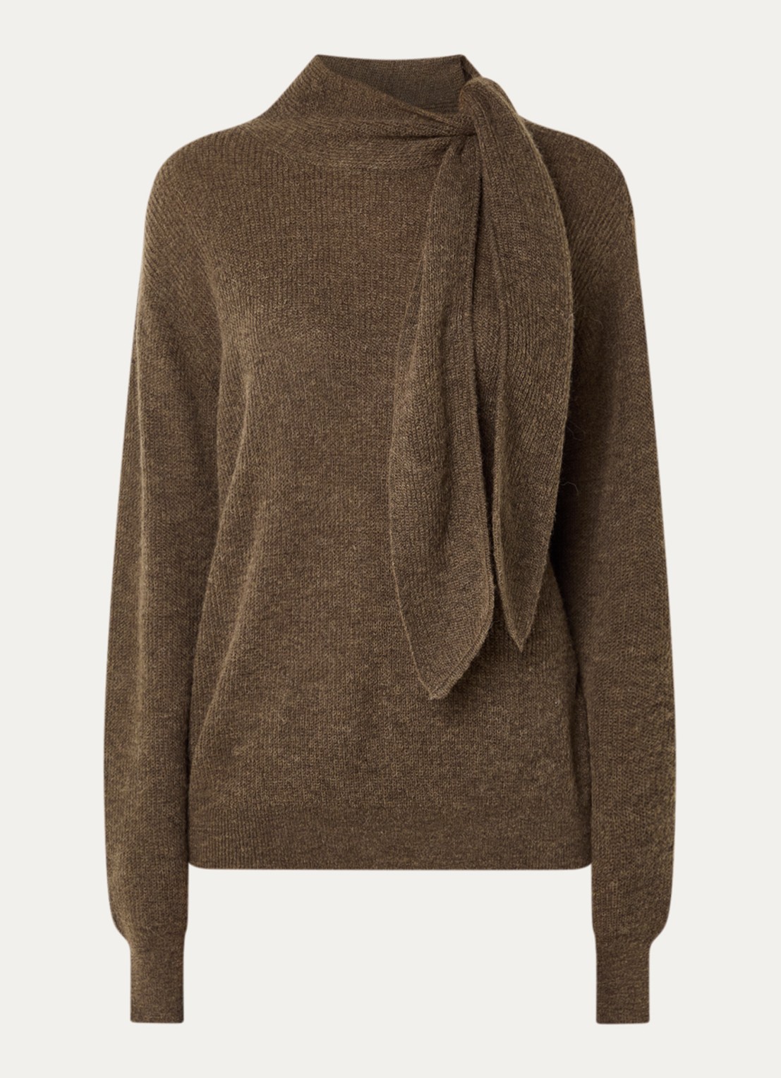 Expresso Fijngebreide pullover in alpaca wolblend met sjaalkraag - voorkant 2 lichtbruin