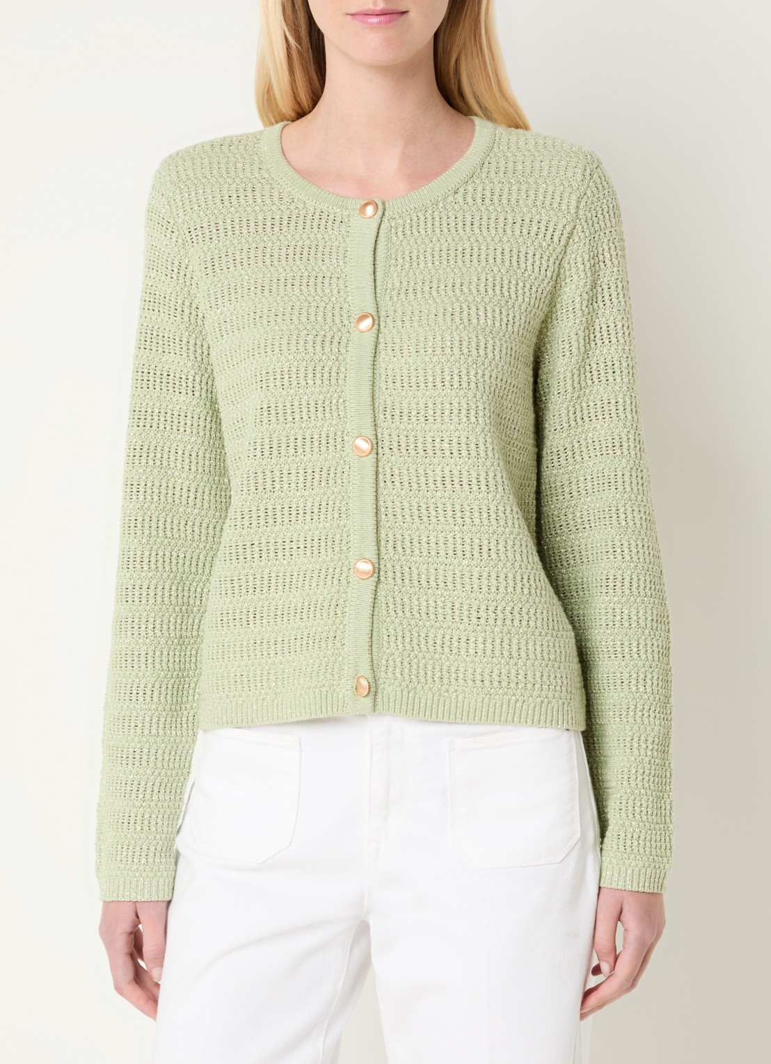 Expresso Grofgebreid vest met pailletten - detail 3 lichtgroen