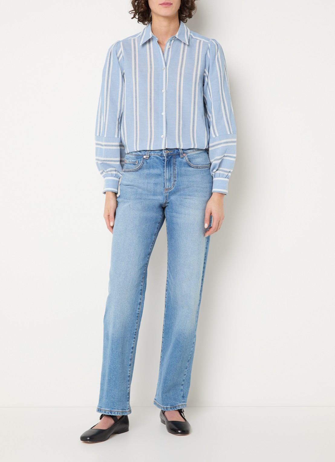 Expresso Helia blouse met streepprint - voorkant 2 staalblauw