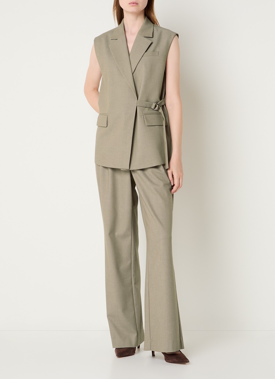 Expresso High waist flared fit pantalon met steekzakken - voorkant 3 donkerbeige