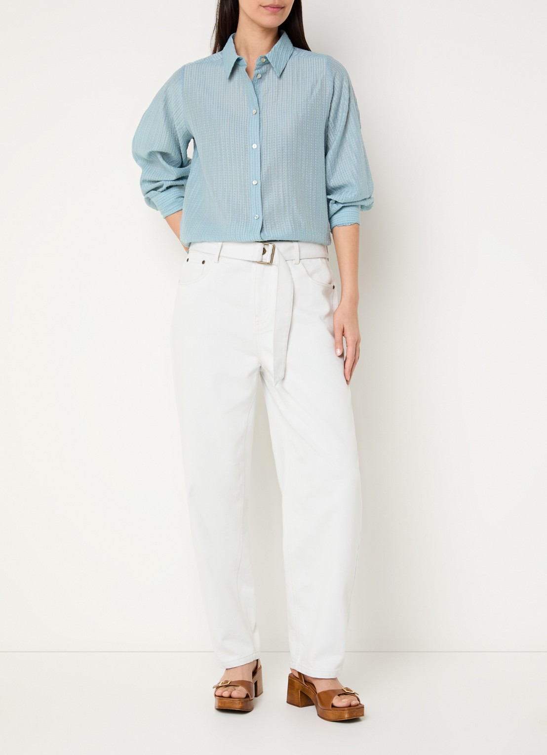 Expresso High waist straight leg jeans met gekleurde wassing en ceintuur - voorkant 2 gebroken wit