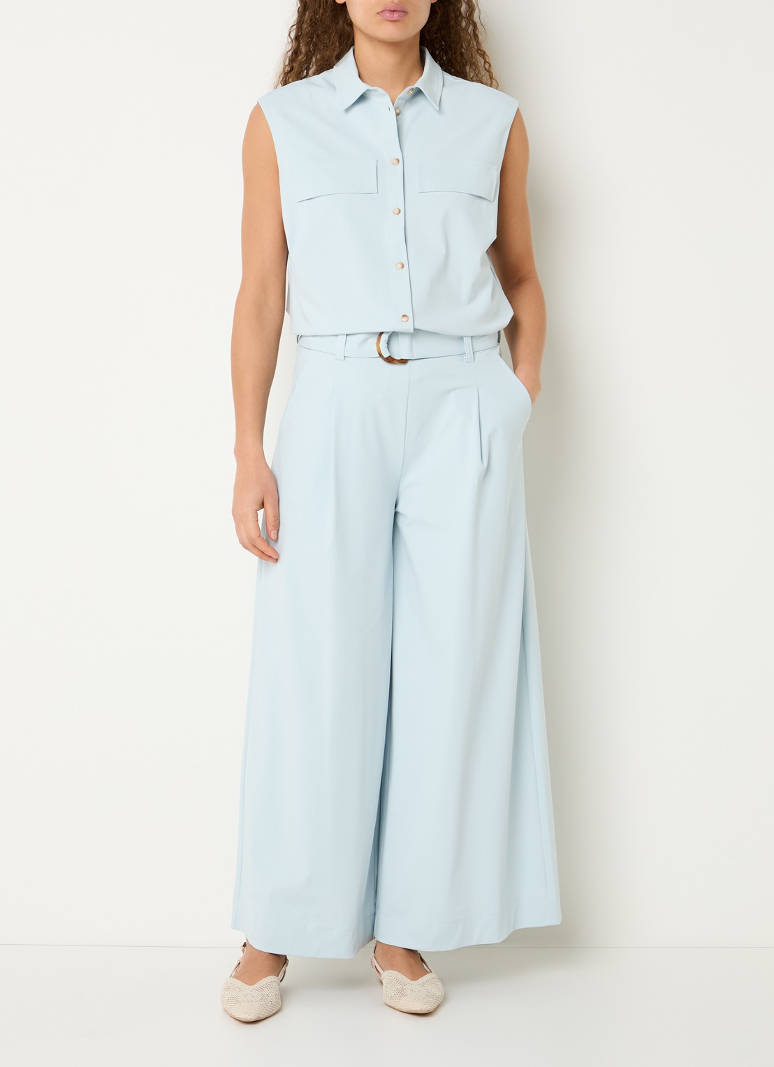 Expresso High waist wide fit palazzo broek met steekzakken - voorkant 2 lichtblauw