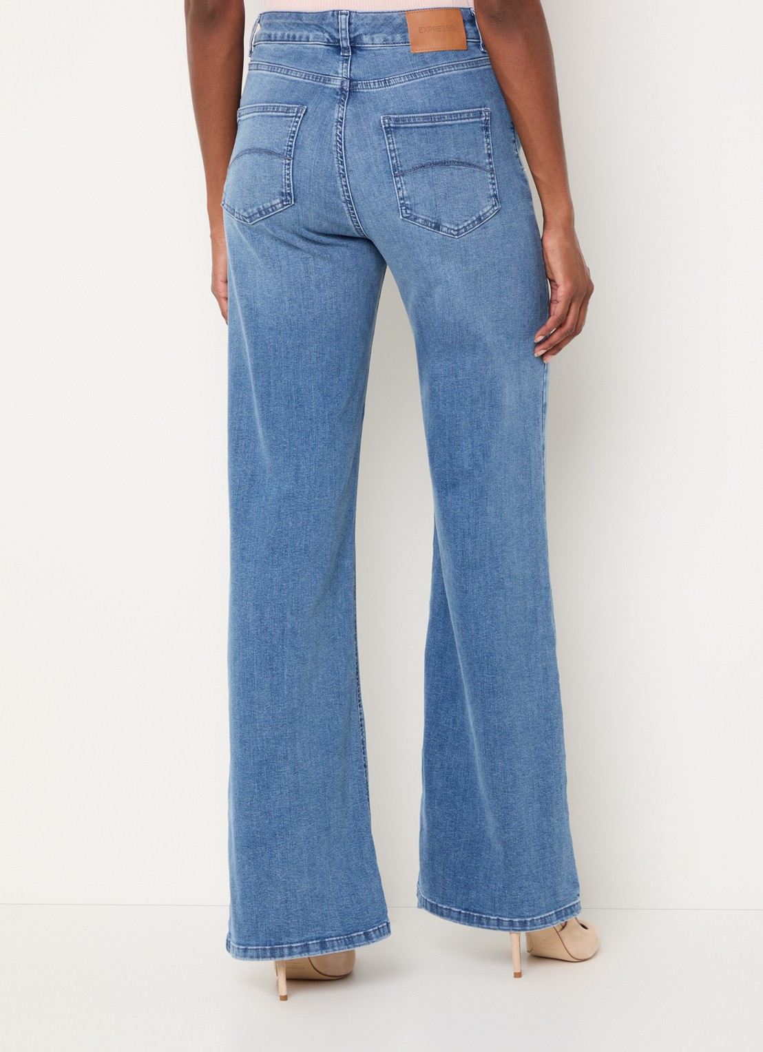 Expresso High waist wide leg jeans met lichte wassing  - achterkant indigo