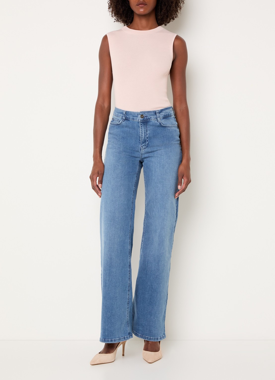 Expresso High waist wide leg jeans met lichte wassing  - voorkant 3 indigo