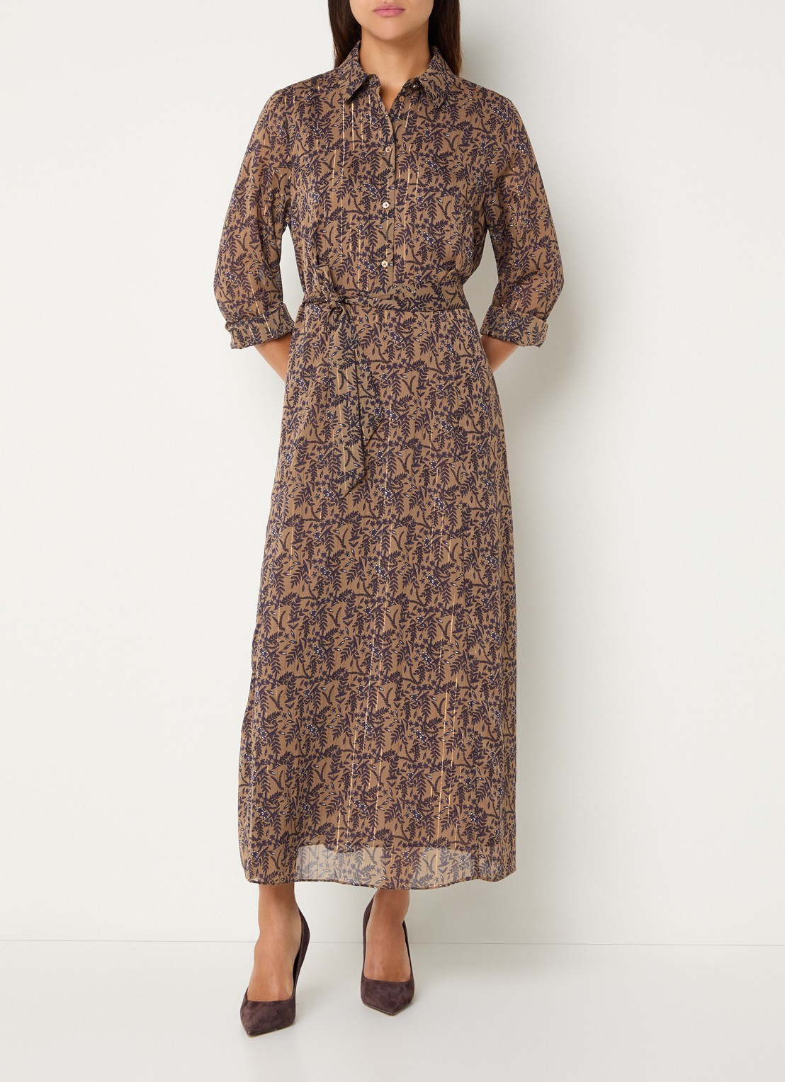 Expresso Maxi blouse jurk met print en strikceintuur - detail lichtbruin