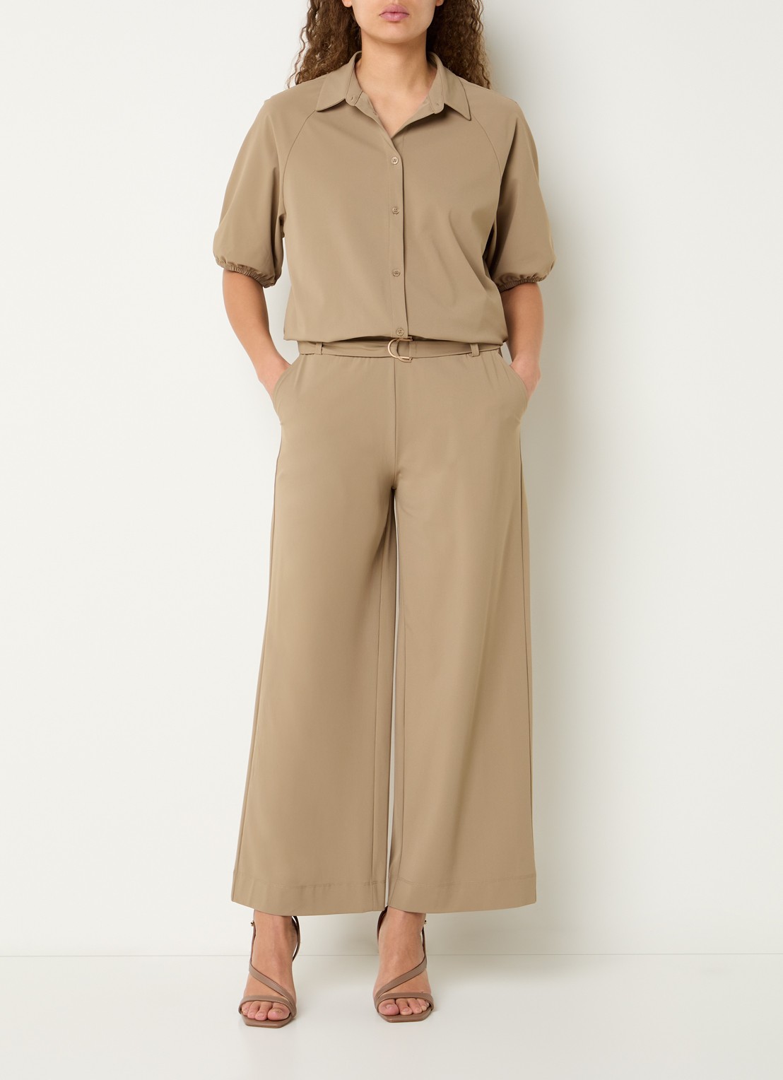Expresso Mid waist loose fit pantalon met steekzakken - voorkant 3 lichtbruin
