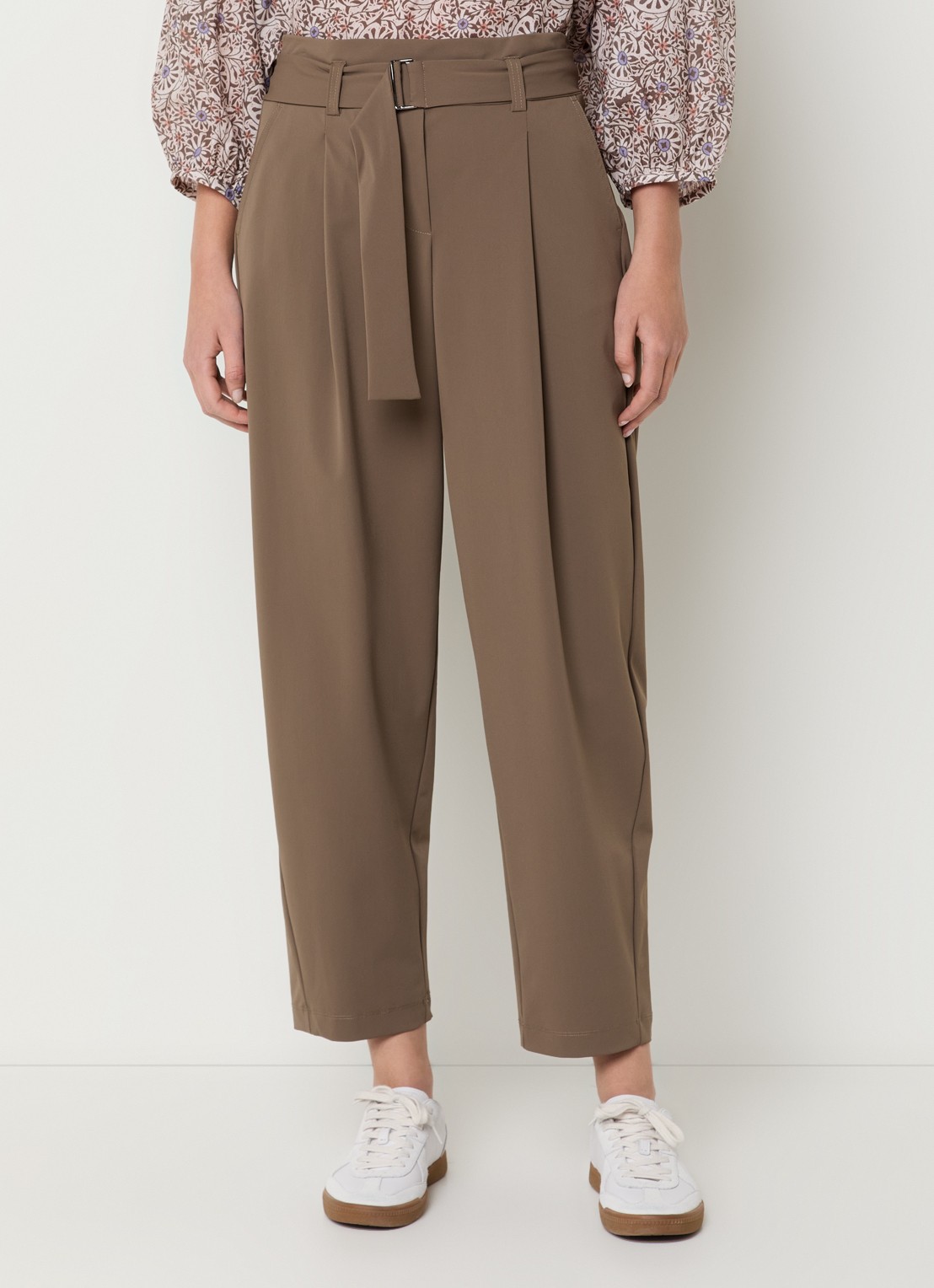 Expresso Mid waist straight fit cropped broek van travelstof met ceintuur - detail 4 bruin