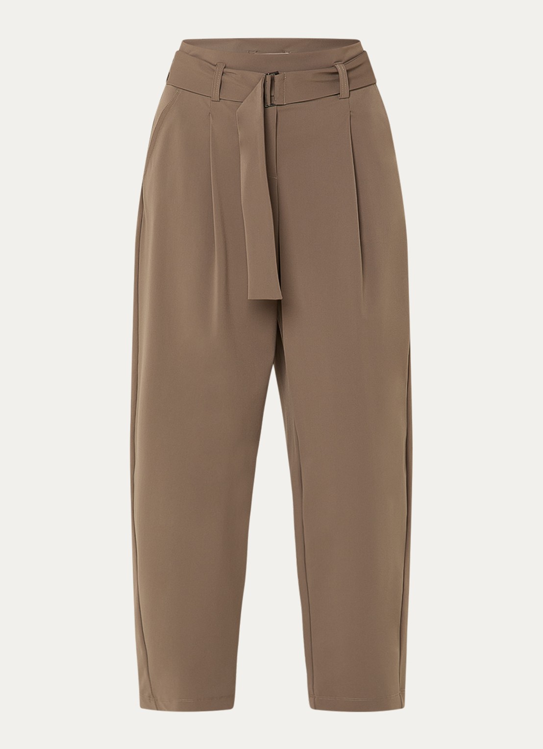 Expresso Mid waist straight fit cropped broek van travelstof met ceintuur - voorkant bruin