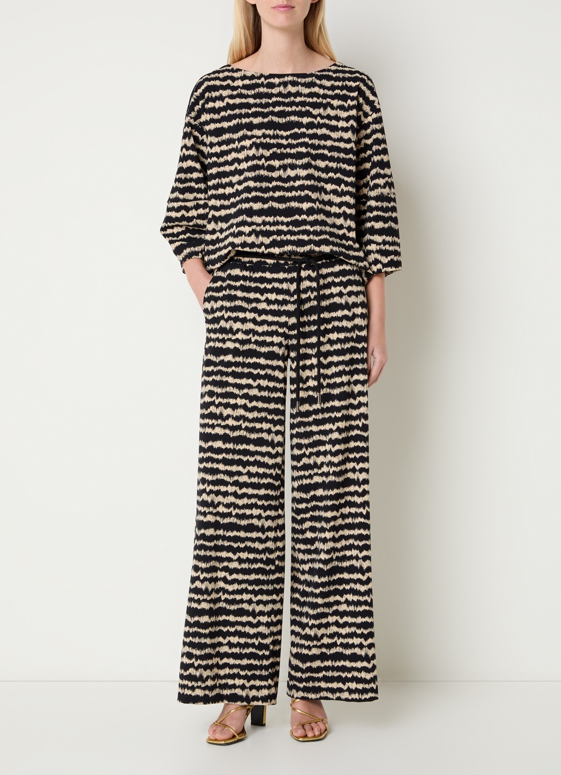 Expresso Mid waist wide fit broek met print - voorkant 2 zwart