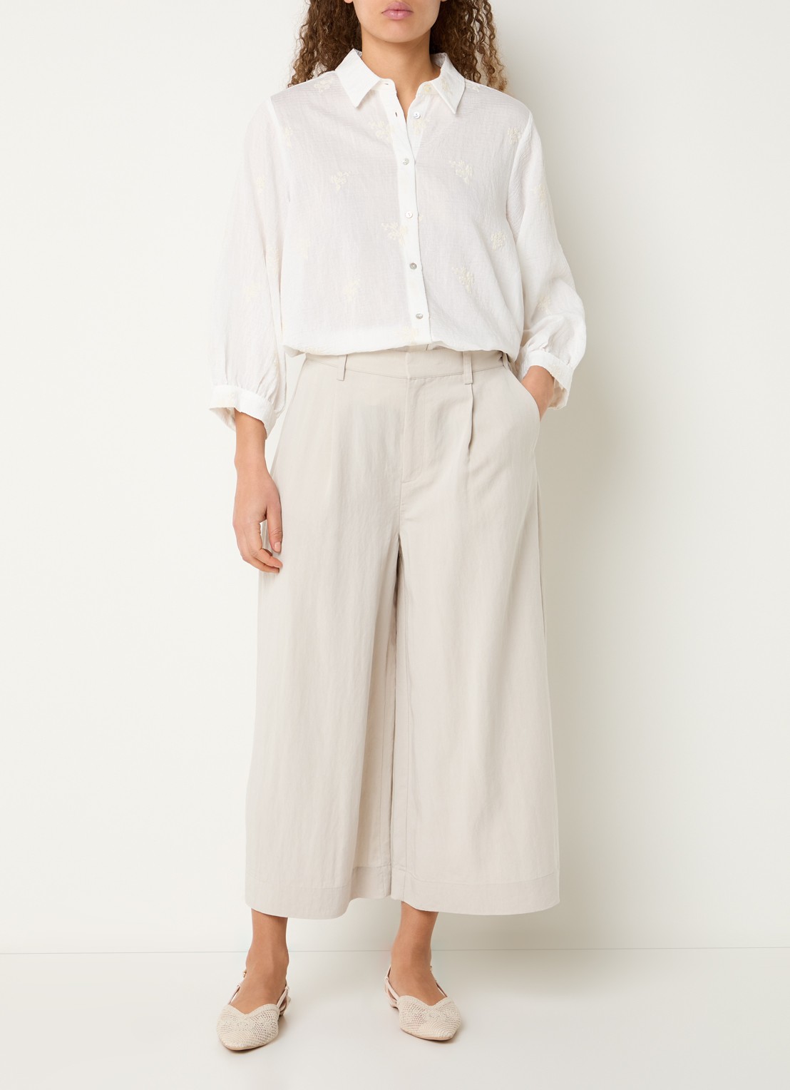 Expresso Mid waist wide fit culotte met steekzakken - voorkant 4 creme