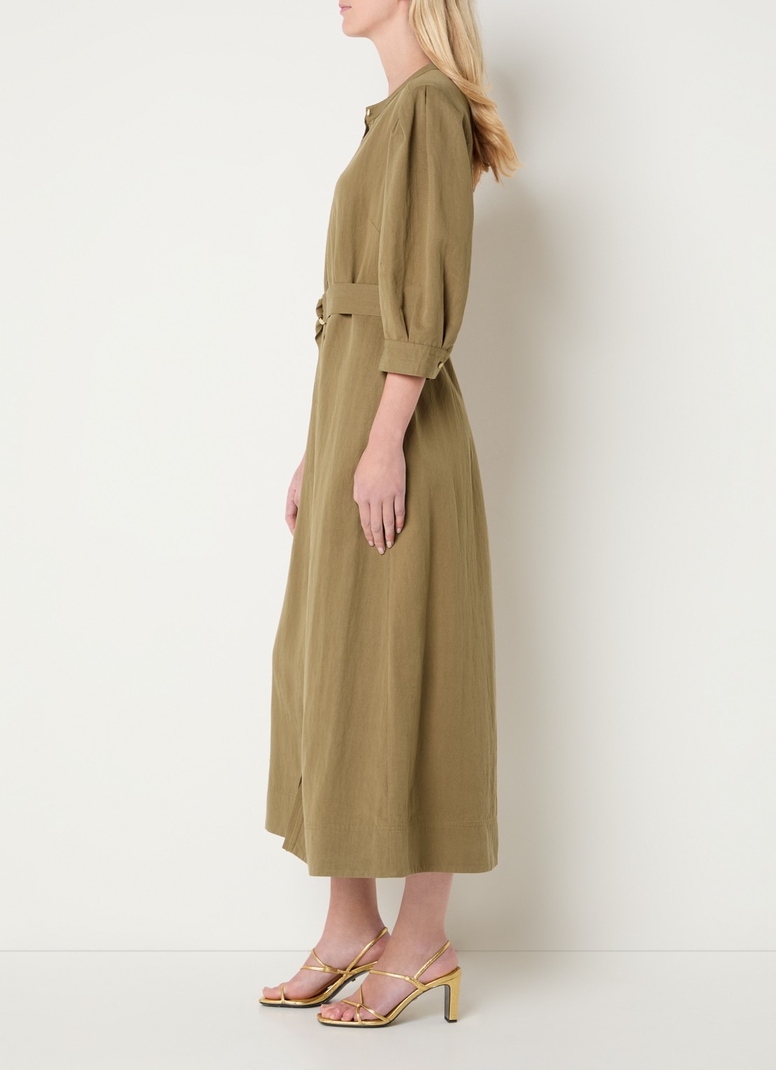 Expresso Midi jurk met ceintuur en ballonmouw - voorkant 2 camel