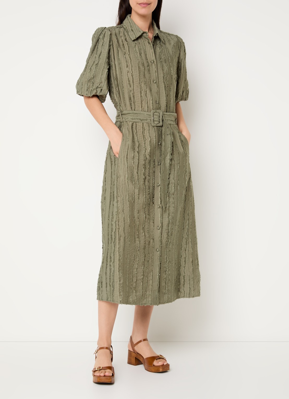 Expresso Midi jurk met ceintuur en ballonmouw - detail 4 groen