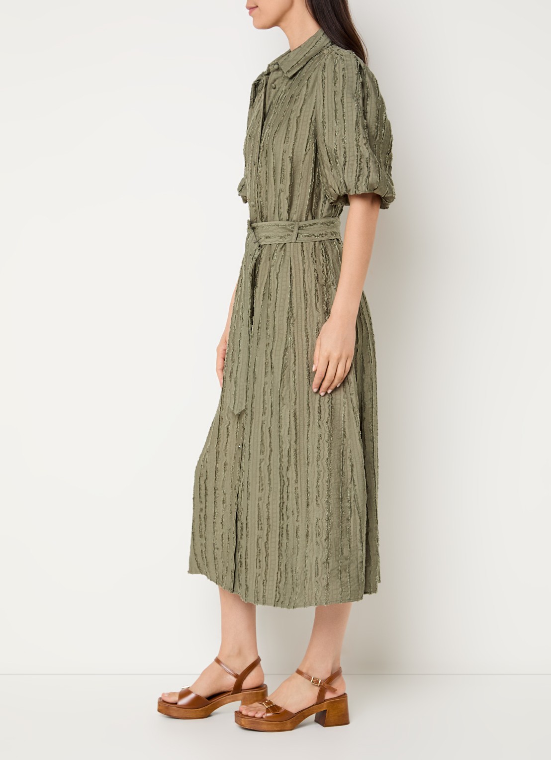 Expresso Midi jurk met ceintuur en ballonmouw - voorkant 2 groen